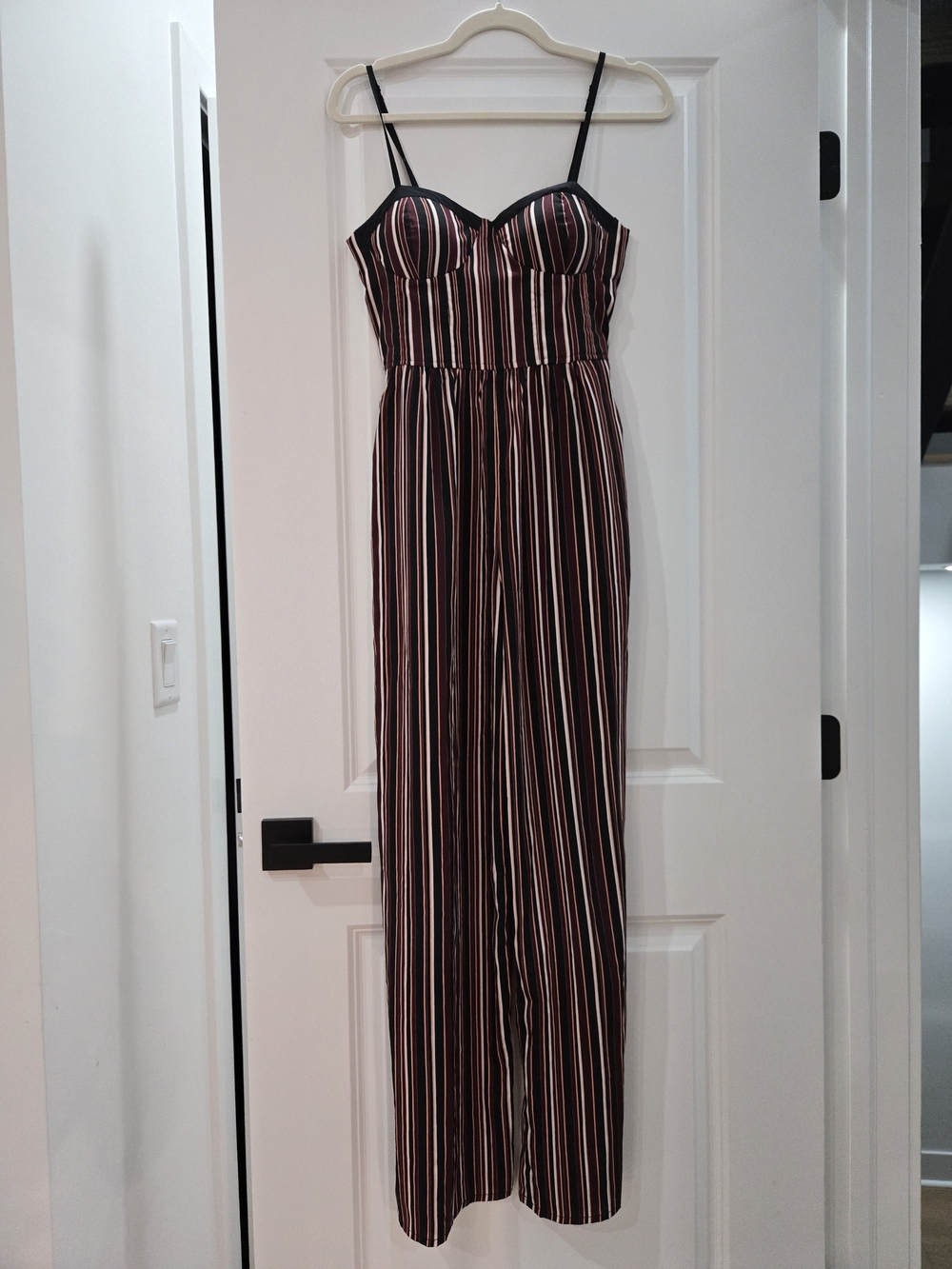 Band of Gypsies Burgundy and Black Striped Spaghetti-Strap Jumpsuit